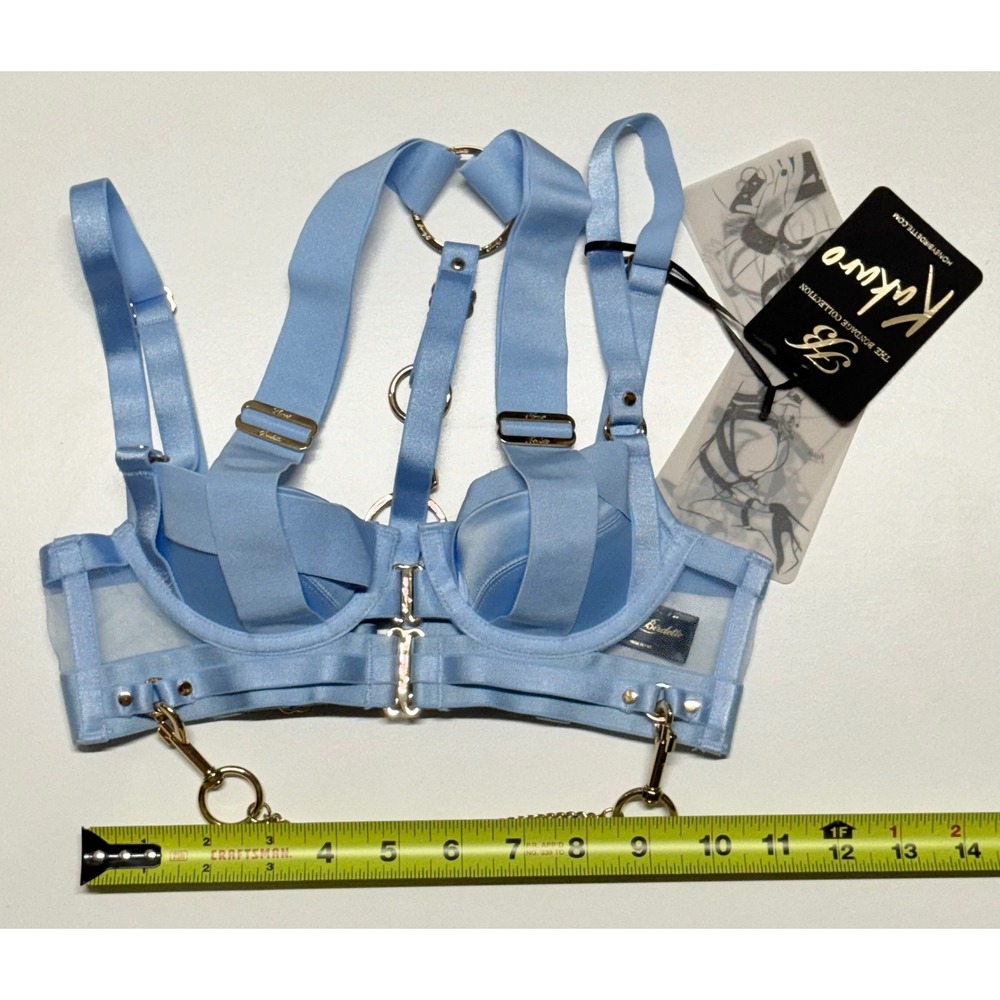 Honey Birdette Kukuro Bra Blue Strappy Bondage Underwire Mesh Gold Chain‎ 30A - Picture 2 of 7